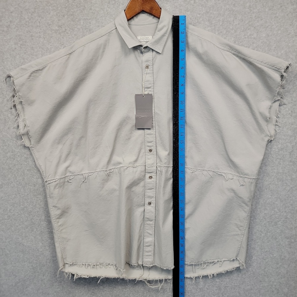 NEW ZARA Man Denim Shirt XL Distressed Overshirt Button Up Short Sleeve Cotton - Picture 9 of 11
